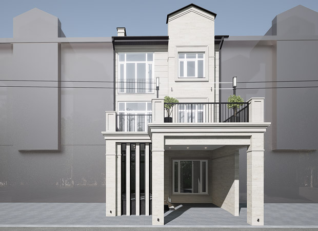 Проектирование отделки фасада таунхауса в Москве - вид на главный фасад