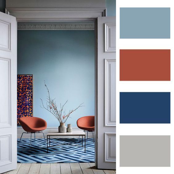 Палитра цветов для дизайна интерьера гостиной в серо-голубых тонах №124