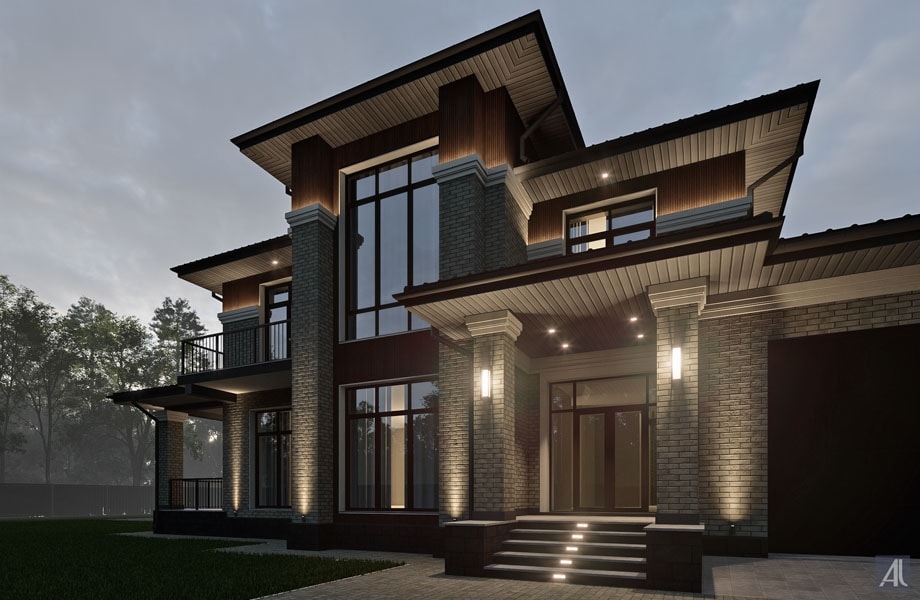 проект фасада дома в стиле райта