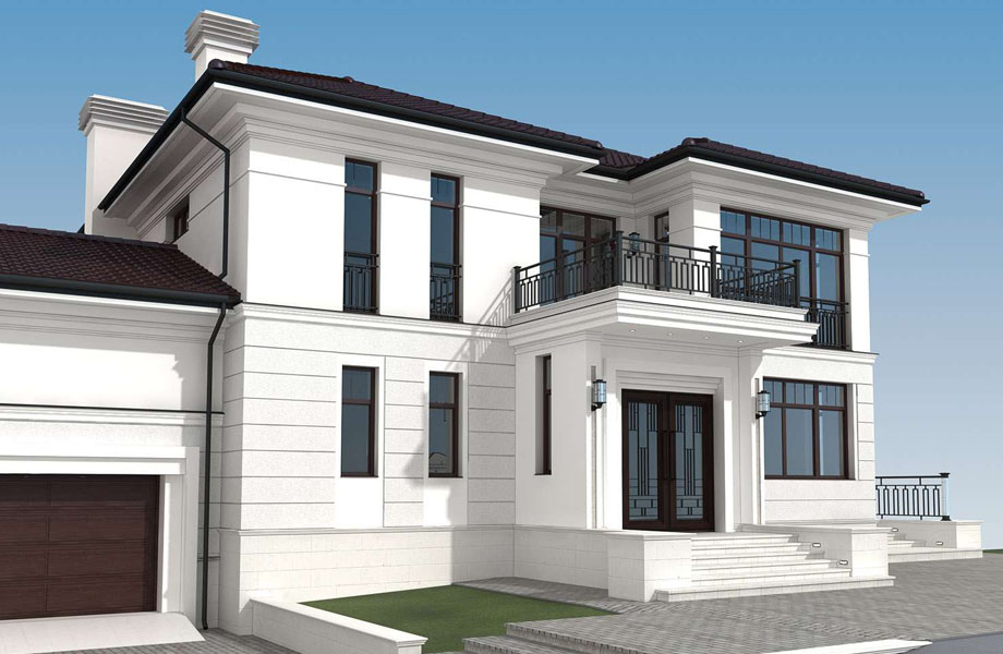 Пример отделки натуральным камнем дома в неоклассике