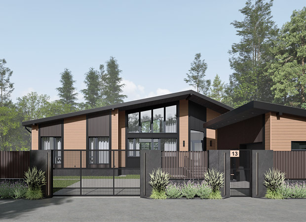 визуализация дизайна отделки частного одноэтажного дома с гаражом в современном стиле