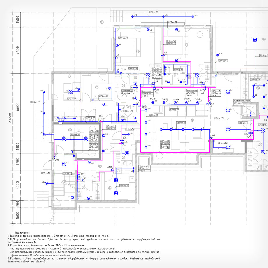 План сети освещения из рабочего проекта ЭОМ индивидуального жилого дома