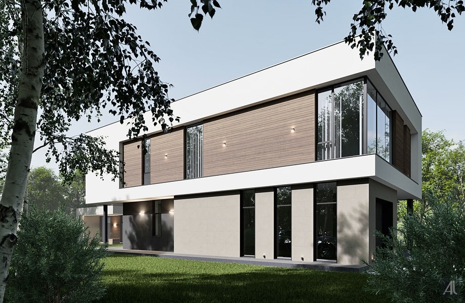 дизайн фасада двухэтажного дома из керамических блоков в современном стиле