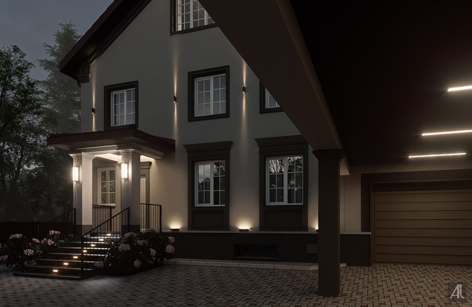 фасадное освещение дома в теплом цвете