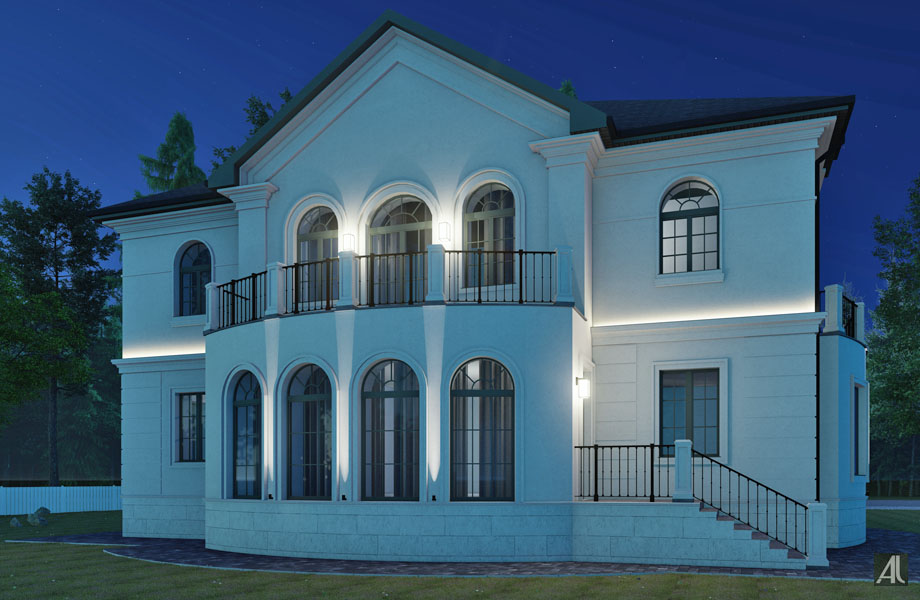 комбинация линейного освещения с точечными светильниками на фасадах дома в современной классике