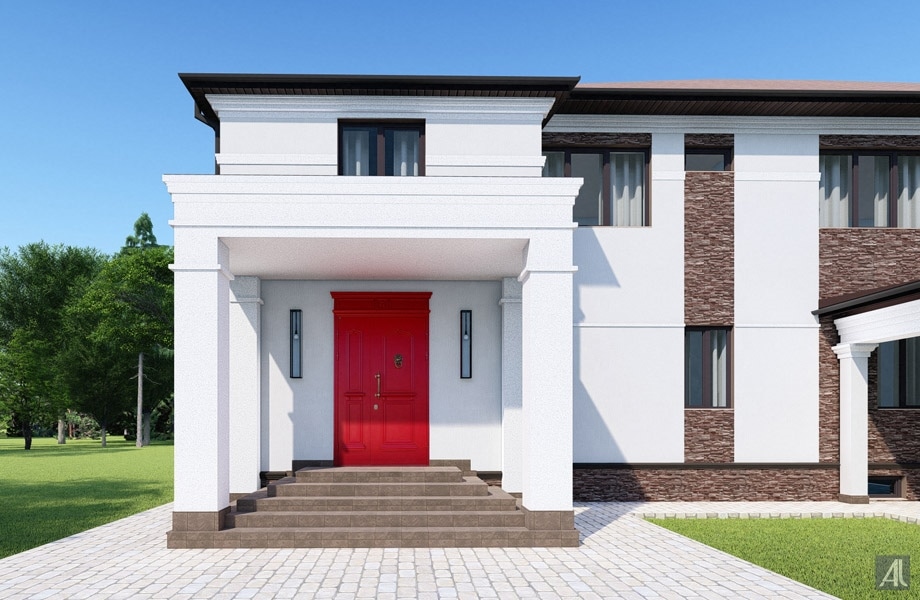 яркая красная дверь на белоснежном фасаде дома в неоклассике