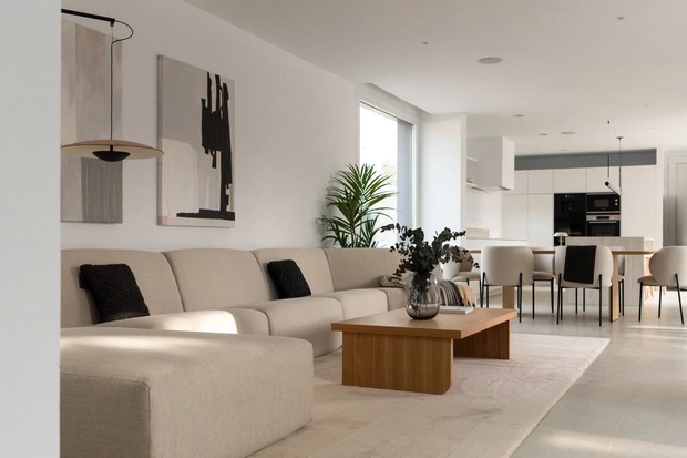 Просторная гостиная с зоной кухни и столовой.