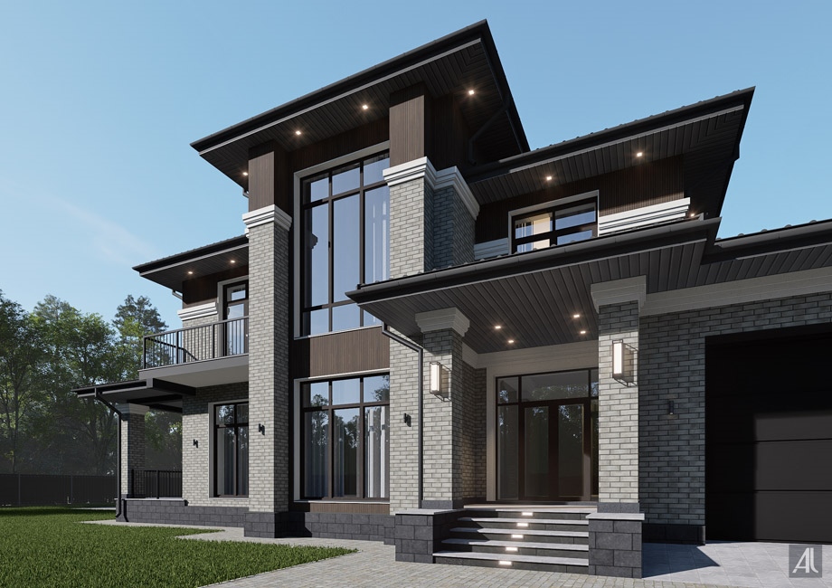 дизайн фасадов двухэтажного каменного дома в стиле минималистичной классики в КП Онегино