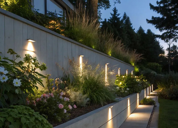 Освещение сплошного забора с интегрированной клумбой
