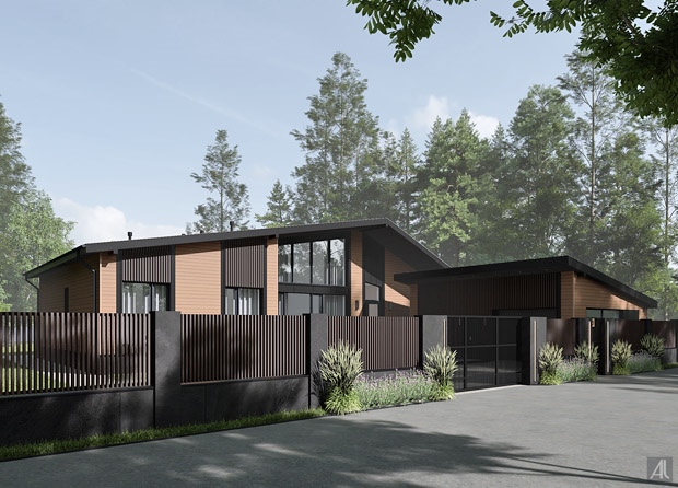 современный дизайн забора с использованием керамогранита и ДПК реек